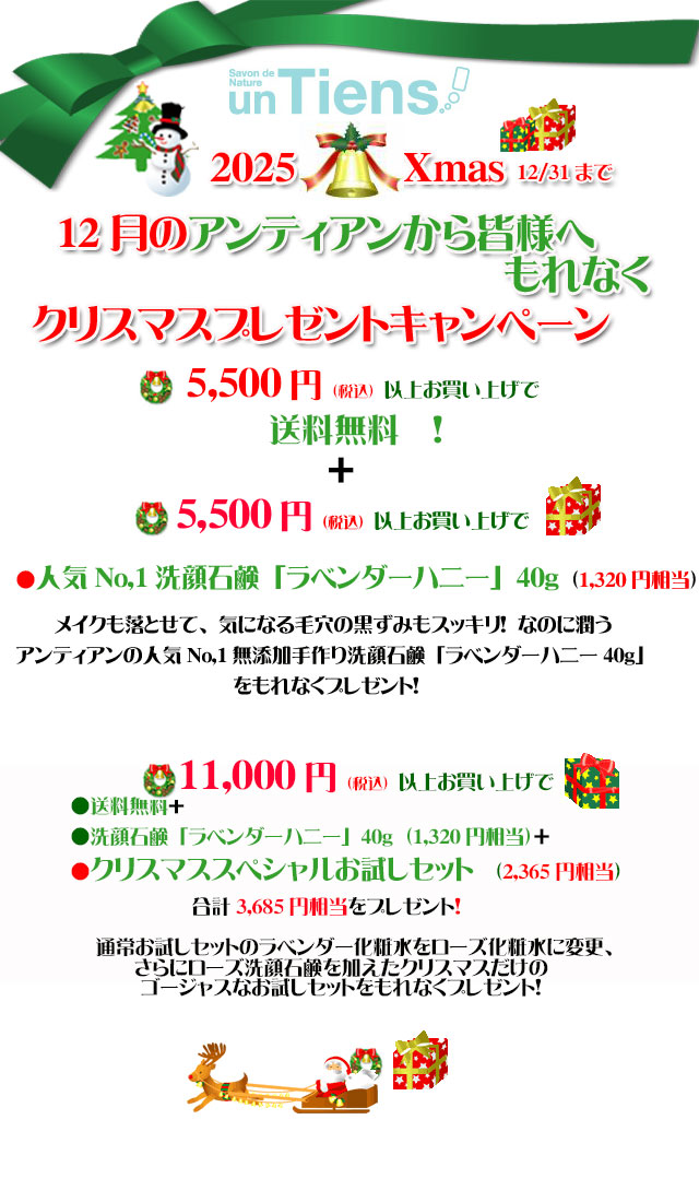 オーガニック化粧品手作り無添加石鹸アンティアン2025年12月クリスマスプレゼントキャンペーンtop