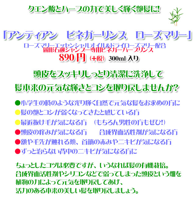 クエン酸とハーブでサラサラ髪に！ローズマリー配合クエン酸ビネガーリンス