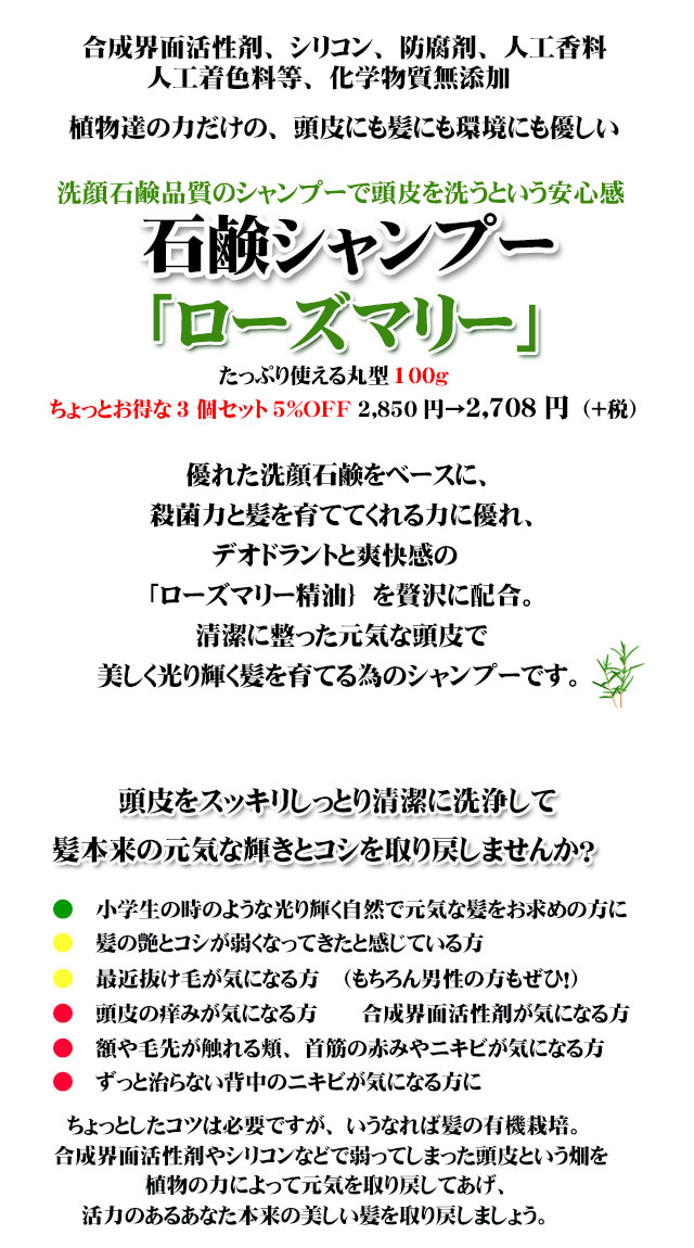 元気な頭皮と艶髪に 洗顔石鹸品質アンティアン手作り石鹸シャンプー ローズマリー 小学生の時のような元気で艶とコシのある美しい髪を取り戻したい方 頭皮 の痒みベタつき 額や背中のニキビが気になる方にたっぷり使える丸型100gお得な 3個セット 5 Off